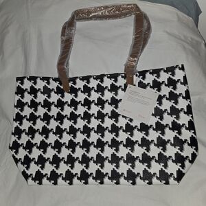 thirty-one Black & White Houndstooth Tote with Tan Handles